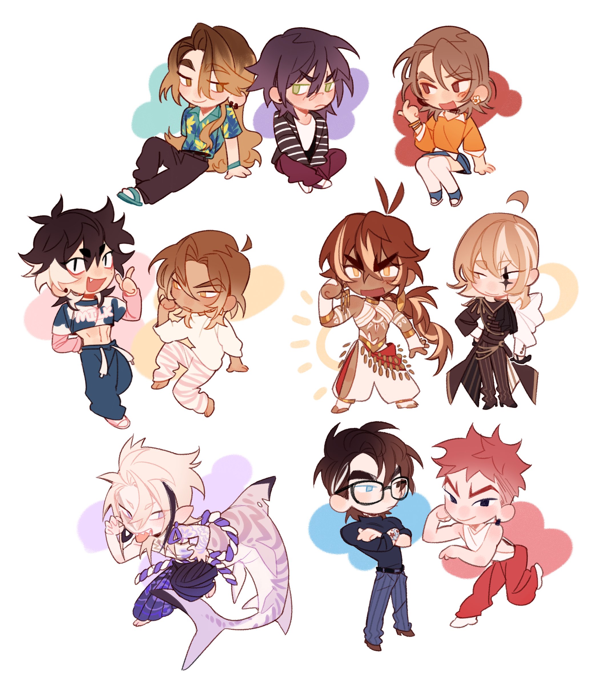 the image showcases a collection of ten adorable chibistyle male characters, each with unique designs, outfits, and poses.  they are drawn in a vibrant anime/manga style with expressive features and detailed clothing. the characters are diverse in terms of hair color, skin tone, and attire, suggesting they might be from a fanmade series or game. the background is simple, allowing the characters to be the focal point. the overall aesthetic is cute, colorful, and engaging.