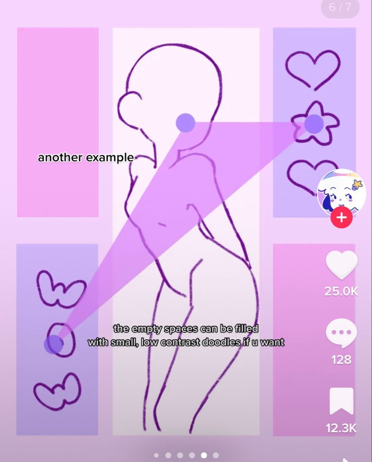 a drawing tutorial showing how to fill in the empty spaces in a simple line drawing of a body pose. the text in the image reads "another example," "the empty spaces can be filled with small, low contrast doodles if u want" and shows examples of the doodles as butterflies and hearts.