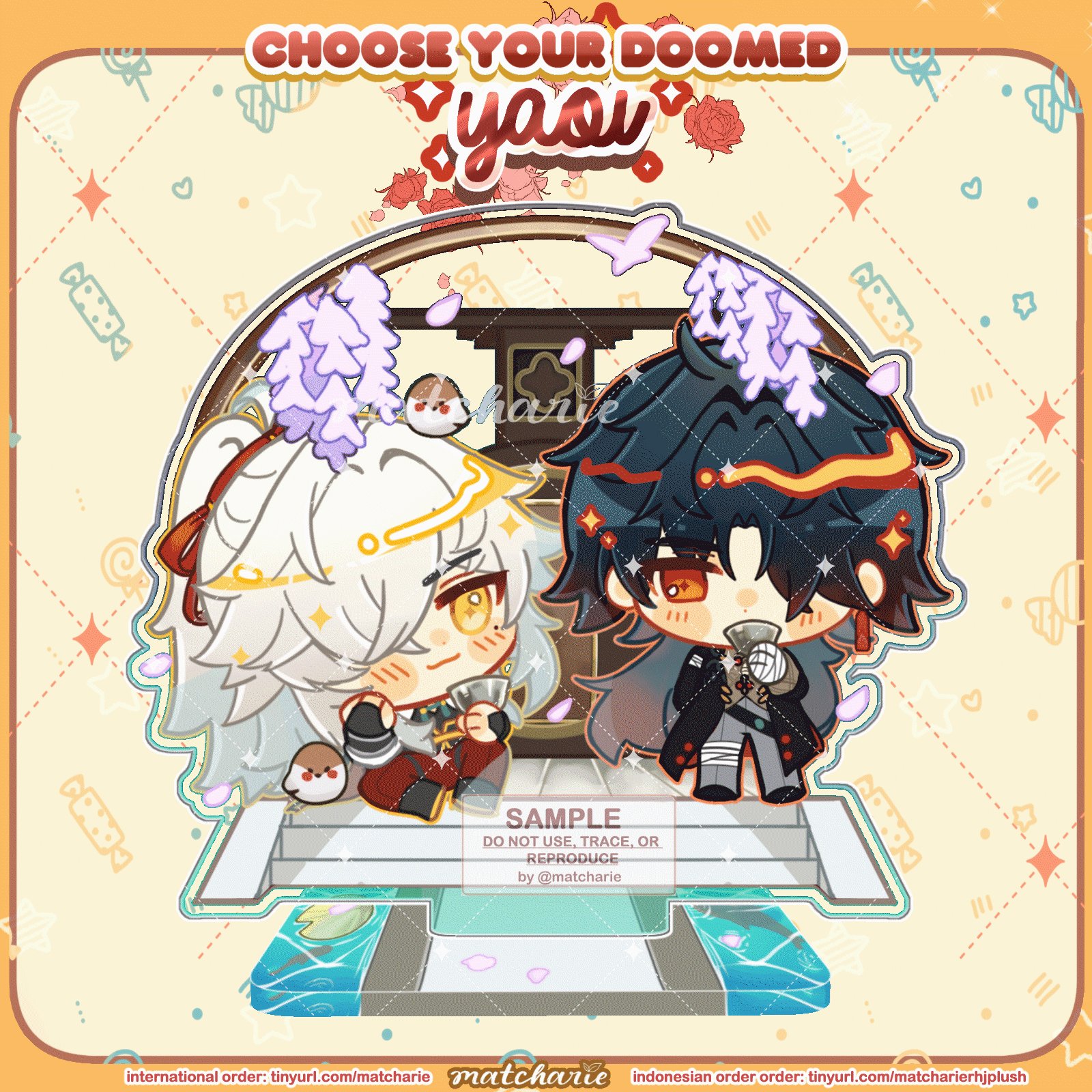 this is an image of two anime boys, one with white hair and red clothes, the other with black hair and black clothes. they are both standing on a platform and holding a cup. in the background, there are cherry blossoms and a traditional japanese structure. the text above the image says "choose your doomed yaoi", indicating that the image