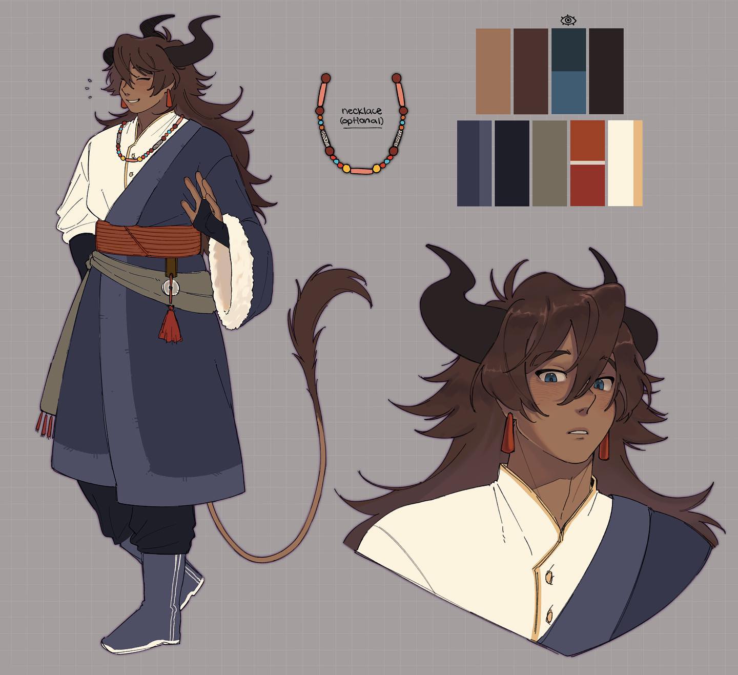 the image is a character design sheet featuring a male fantasy character. he has dark brown, almost black, horns, long brown hair, and tan skin. he is dressed in asianinspired clothing including a long robe, a white undergarment, and an obi (sash).  he also wears earrings and an optional necklace is shown separately.  a color palette is included alongside the character design, providing various shades for the character's clothing and skin tones.  the sheet includes a fullbody illustration of the character and a closeup of his head and shoulders showing his expression. the character has a long tail. the art style is digital, and the overall design suggests a fantasy or mythological theme.