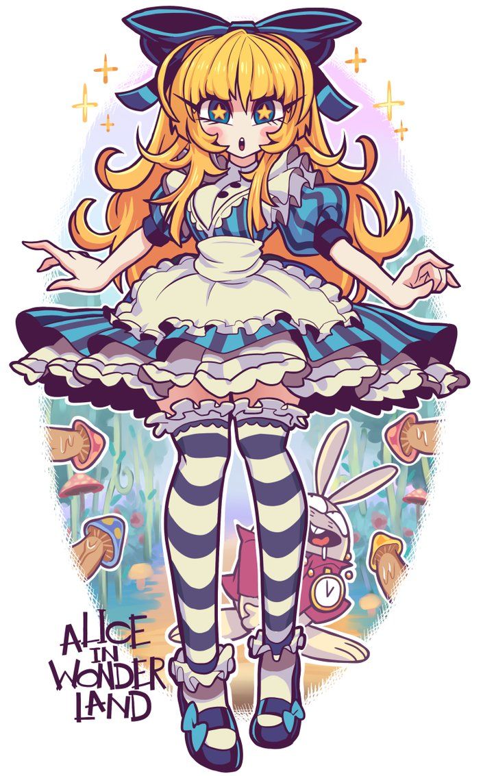this illustration depicts a cute animestyle alice from alice in wonderland. she is wearing a blue and white dress with a white apron and black and white striped stockings. she has blonde hair with a blue bow, and her eyes are wide and expressive. she is standing on a path with a white rabbit and a clock in the background. the illustration is whimsical and charming, with a dreamy and magical atmosphere. the use of bright colors and playful lines creates a fun and lighthearted feel, while the detailed depiction of the characters and environment adds depth and complexity to the image.