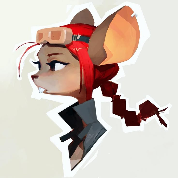 a stylized cartoon illustration of an anthropomorphic female mouse with a red bandana and aviator goggles on her head. she has large ears, sharp teeth, and is wearing a collared shirt. her red hair is styled in a braid.