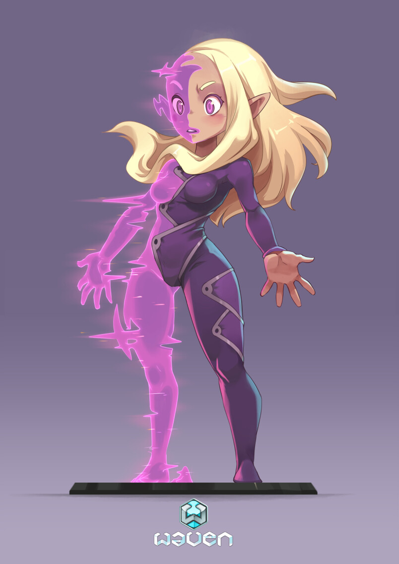 a digital illustration of a young woman with blonde hair and pointed ears, standing with one leg bent. she is wearing a purple suit with white accents. her right arm is out, palm facing the viewer. her left arm is barely visible. the image is styled in an anime/manga art style. the character is partially transparent and glowing pink. the background is a light purple.  the text "woven" and a logo are at the bottom of the image.