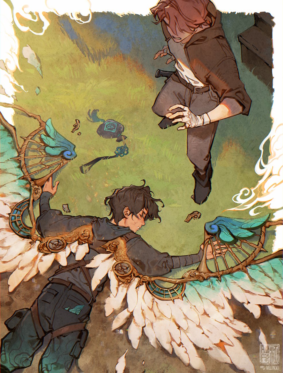 the image is an anime style drawing of two people, likely male characters, in a fantasy setting. one character is on the ground wearing a dark hoodie and pants. attached to his back are large ornate wings made of feathers, wood, and blue accents. he is touching one of the wings. the second character is standing above him, wearing a brown hoodie, grey pants, and bandages on his hand. he appears to be reaching towards the other character. the background includes grass, sky, and wisps of clouds. scattered around them are various objects including a key, a pouch, and a sword.