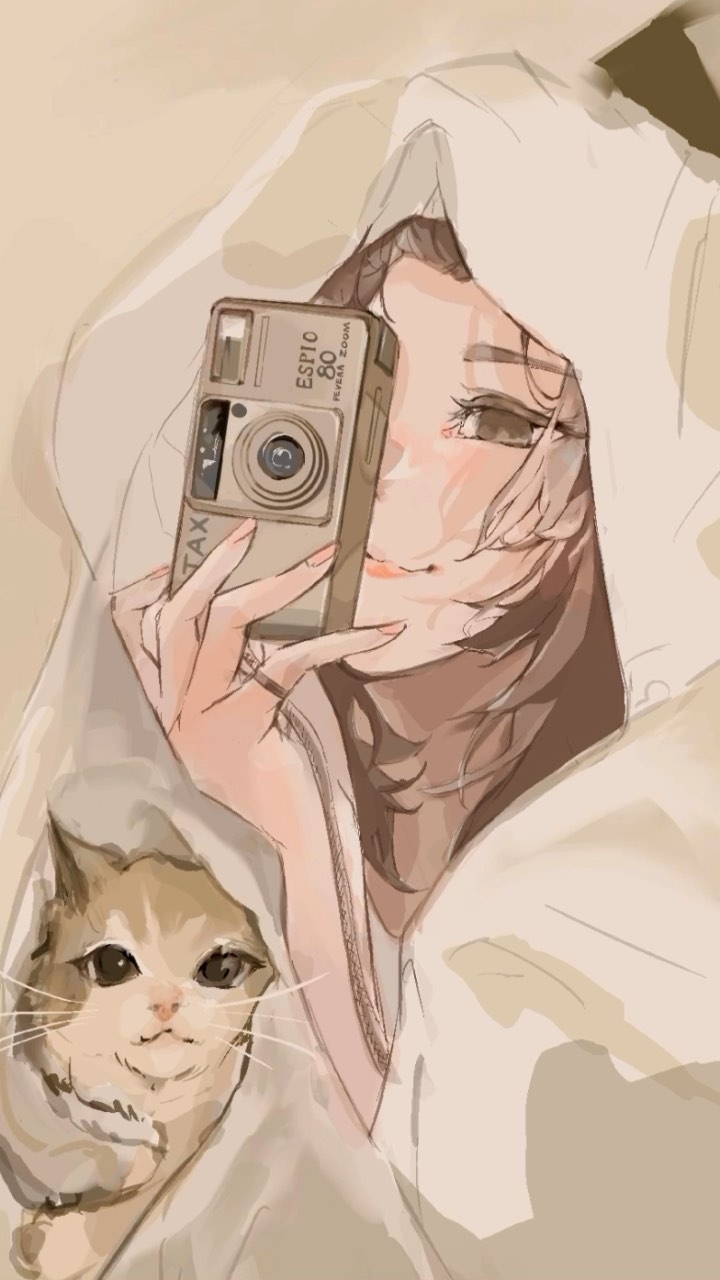 the image is a digital illustration or drawing of an animestyle girl. she's wearing a large, light beige hooded sweatshirt and has long, brown hair partially covering her face. she's holding a vintagelooking espio 80 film camera to her face, possibly taking a picture. a cute, light brown cat is nestled beside her, partially covered by the sweatshirt's hood. the overall aesthetic is soft, calm, and cozy, with a pastel beige color palette dominating the image. the style is reminiscent of soft, dreamy illustrations often seen online.