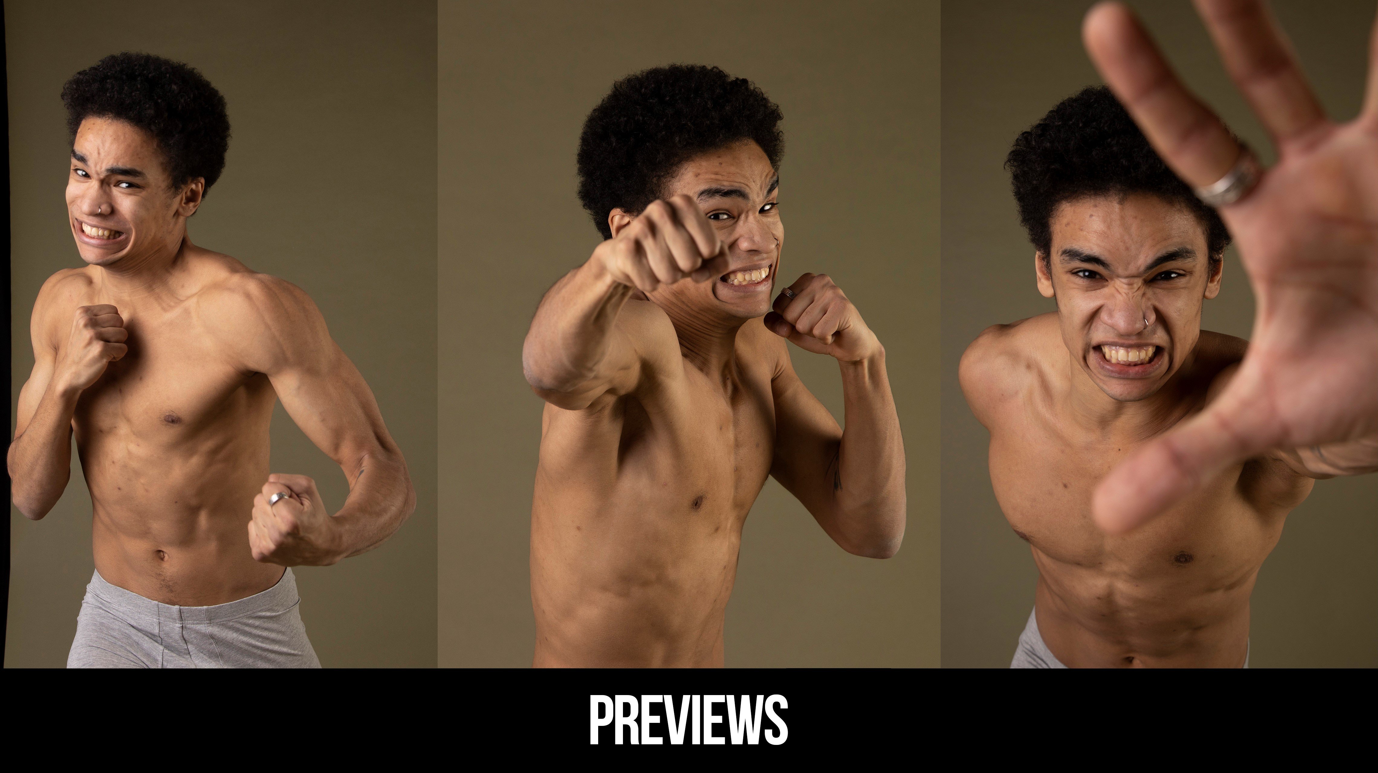 a shirtless man is pictured in three different fighting poses, he has a serious expression on his face and his arms are positioned defensively and aggressively. the background is a simple solid color, highlighting the subject.