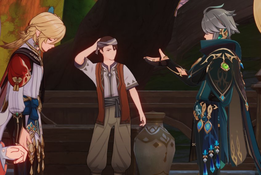 this image shows three characters from the video game genshin impact. there are two male characters in the front, and one in the back. the character on the left is wearing a red and white outfit with a blue sash and gold accents. he has blonde hair and is looking down at his hands. the character in the middle is wearing a brown shirt and pants with a light brown vest. he has dark brown hair and is wearing a brown headband. he is looking up and to the right. the character on the right is wearing a dark blue and green outfit with gold accents. he has silver hair and is looking to the left. he is wearing a blue and green headband. the three characters are standing in front of a wooden railing. there is a wooden building in the background. the setting is a fantasy world and there are many plants in the background.