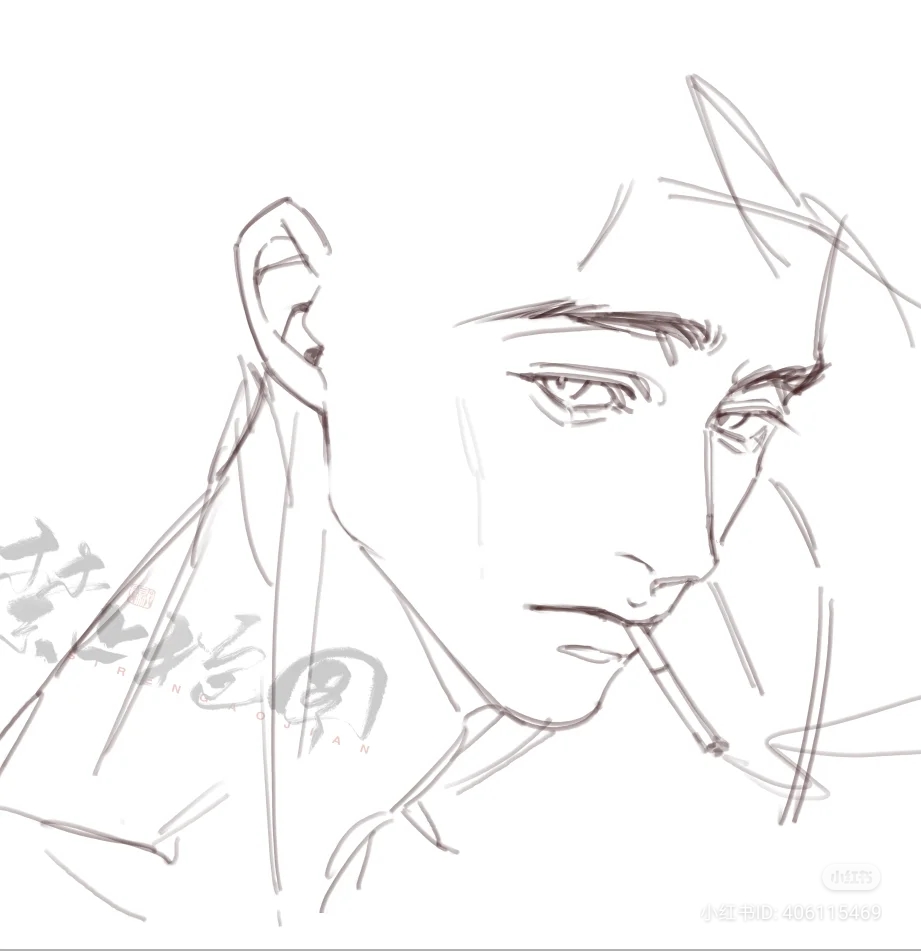 this is an unfinished black and white sketch of a man's face in profile. he appears to be smoking a cigarette. the image is predominantly white with black line work. there is some shading around the man's eye and cheek, and on his neck. the sketch has an overall soft and delicate appearance.