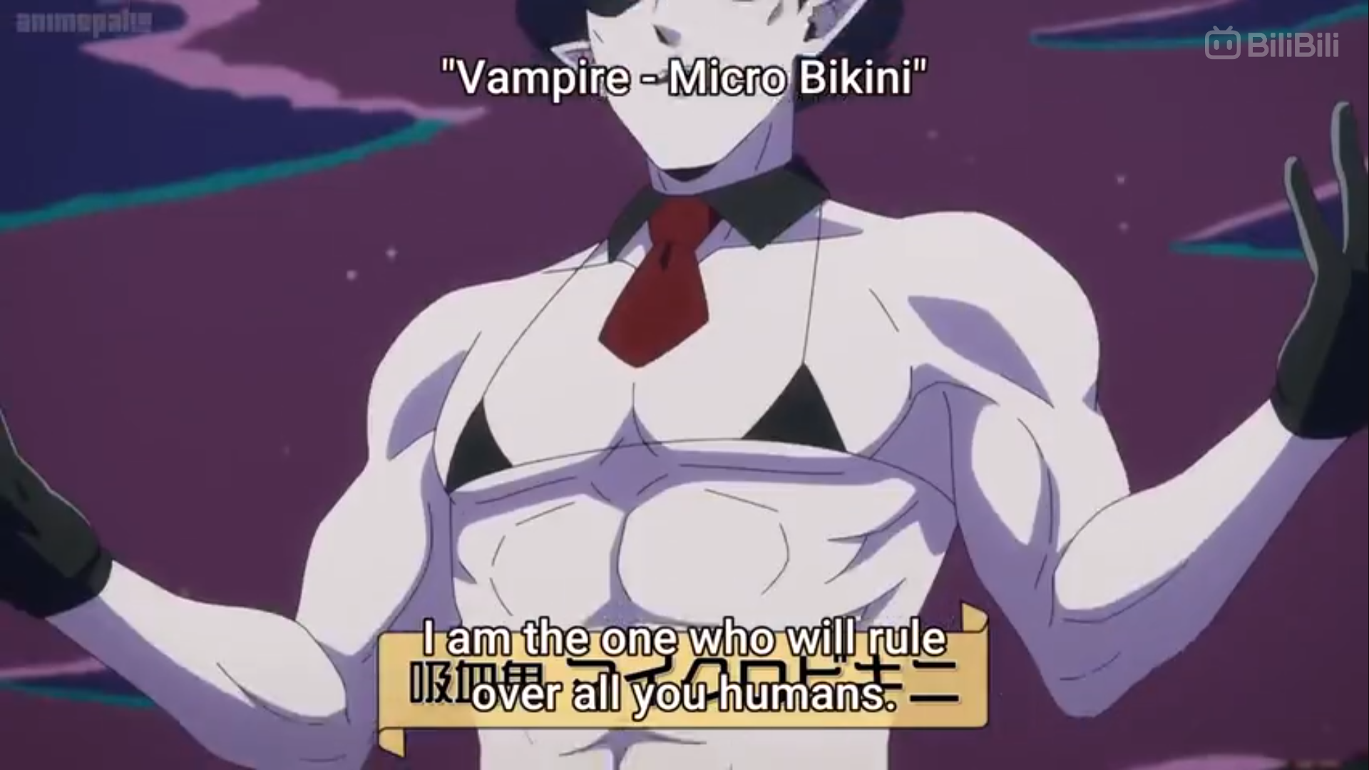 the image showcases a cartoon vampire with exaggerated muscles, wearing only a black micro bikini and a red tie. he's striking a pose with arms outstretched against a dark background, and a speech bubble proclaims: "vampire  micro bikini".  below him, a banner states, "i am the one who will rule over all you humans." the overall tone is humorous, playing on the unexpected combination of a powerful vampire and revealing swimwear.