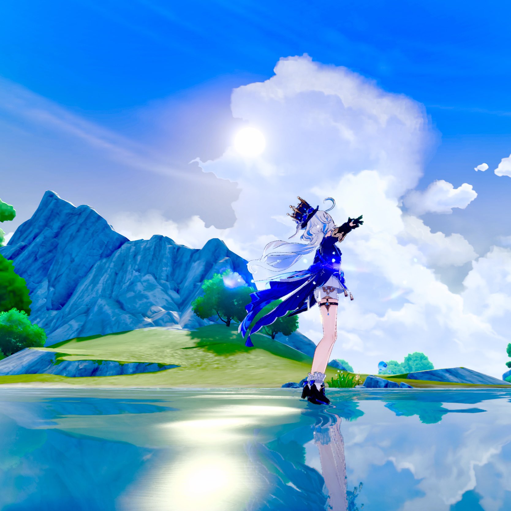 the image is a stunning screenshot from the video game genshin impact, featuring the character ganyu. she is positioned in a peaceful, picturesque landscape.  ganyu stands by a calm lake with her arms outstretched, her back to the viewer.  the background showcases majestic, lightblue mountains under a bright, partly cloudy sky. the sun is visible, adding a warm glow to the scene. the water reflects the sky and mountains, adding a sense of depth and tranquility.  ganyu's attire and pose contribute to an overall ethereal and serene atmosphere.  the image is highly detailed, vibrant, and aesthetically pleasing, indicative of the game's graphical style.