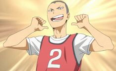 this is an image of a male volleyball character in an anime series. he has shaved brown hair and brown eyes and is wearing a white tshirt underneath his red jersey, which has the number '2' printed in white. he has a big grin and is pointing his thumbs at himself with his arms bent. the background is yellow.content: anime characterpeople: manenvironment: indoorslighting: bright lighting, artificial lightperspective: front viewkw: sports, volleyball, jersey, anime boy, smiling, happy, excited, proud, confident, athletic, competitive, team, game, competition, victory, win, success, joy, celebration, manga, animation, japanese, japan, entertainment, tv show, comic book