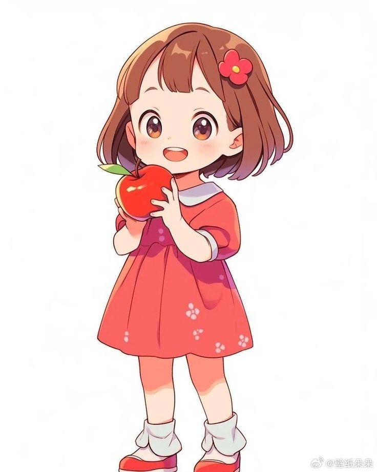 the image is a digital illustration of a cute, chibistyle anime girl. she has short brown hair with a red flower hair clip, large expressive eyes, and is wearing a coral red dress adorned with small white flowers. she is holding a bright red apple. the style is kawaii and very charming, evoking a feeling of happiness and innocence.  the background is plain white, focusing attention entirely on the character.