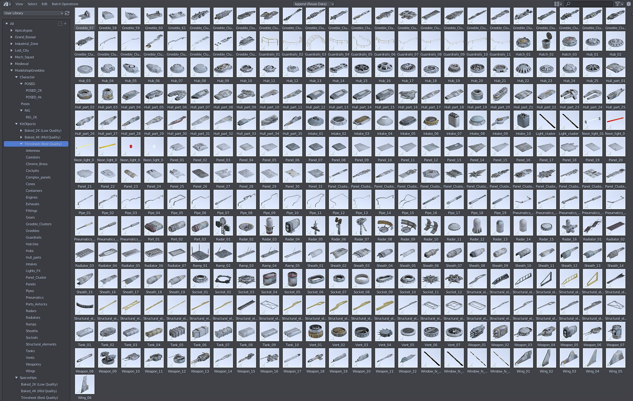 the image shows a screen capture of a 3d modeling software's asset browser.  the browser displays a vast library of premade 3d models, predominantly for spaceship parts, categorized and neatly organized into folders. each asset is represented by a small thumbnail image, allowing users to quickly browse and select the parts they need for their project.  the categories are very specific to spaceship design and include various components like hulls, engines, weapons, and structural elements. the overall style leans towards science fiction. the quality levels (low, mid, high) of the baked textures are also indicated.
