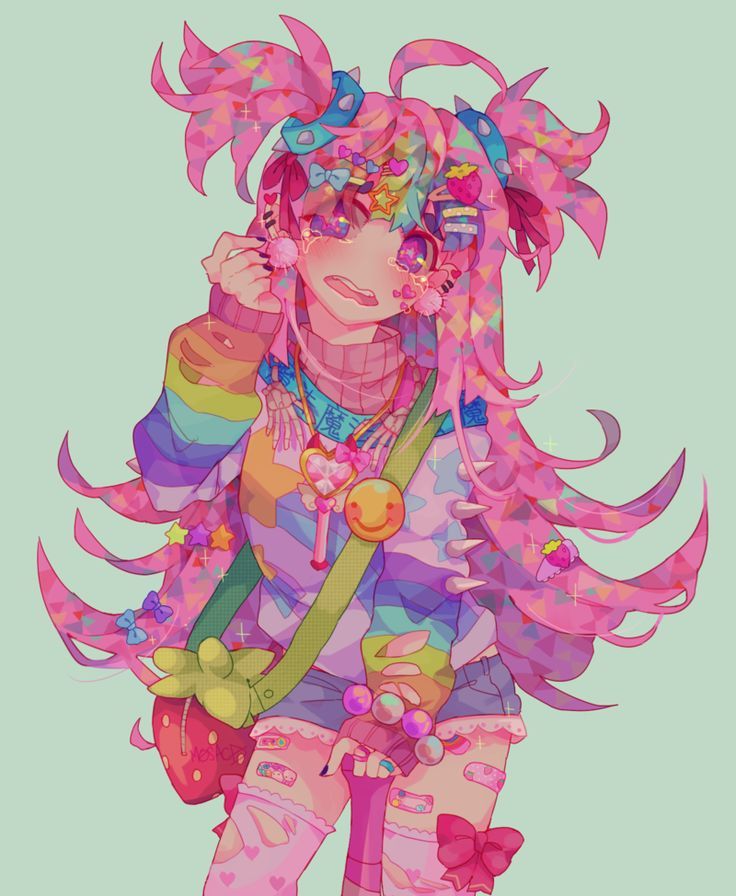 this is a digital illustration of a young anime girl with long pink hair in a brightly colored outfit. the girl is holding a pink and white striped baseball bat and is wearing a pink sweater with a rainbow stripe design and a blue jean skirt. she has bright pink, white, and purple hair and wears many cute accessories such as a heartshaped necklace, an assortment of rings, and a variety of headbands and clips. the illustration is set against a light pink background and has a trendy, fashionable style.