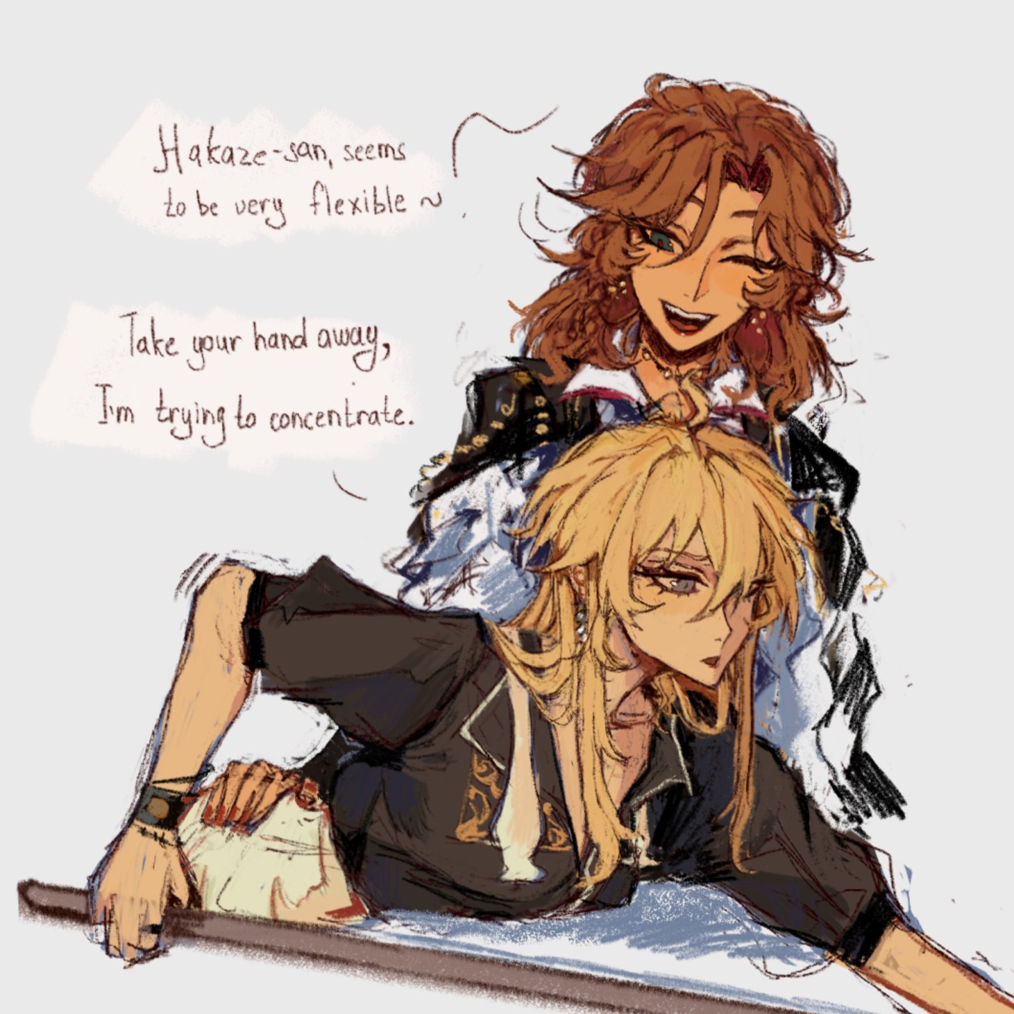 the image is a digital fanart depicting two animestyle male characters. one with long blond hair is leaning forward, appearing to be concentrating on something, while the other, with shoulderlength brown hair, has their hand playfully on the blond character's back.  dialogue bubbles above them suggest a lighthearted interaction; one character is remarking on the flexibility of the other, while the other asks them to remove their hand.  the art style is loose and expressive, with visible brushstrokes.  the characters are dressed in detailed outfits.  the overall mood is friendly and playful. the art style suggests a possible influence from anime or manga, with the possibility it's fanart of a particular video game such as genshin impact (given the art style).