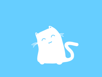 a cute white cat with smiling eyes sits on a blue background. the cat has a simple cartoon outline and is slightly curled.  the cat is looking to the left.