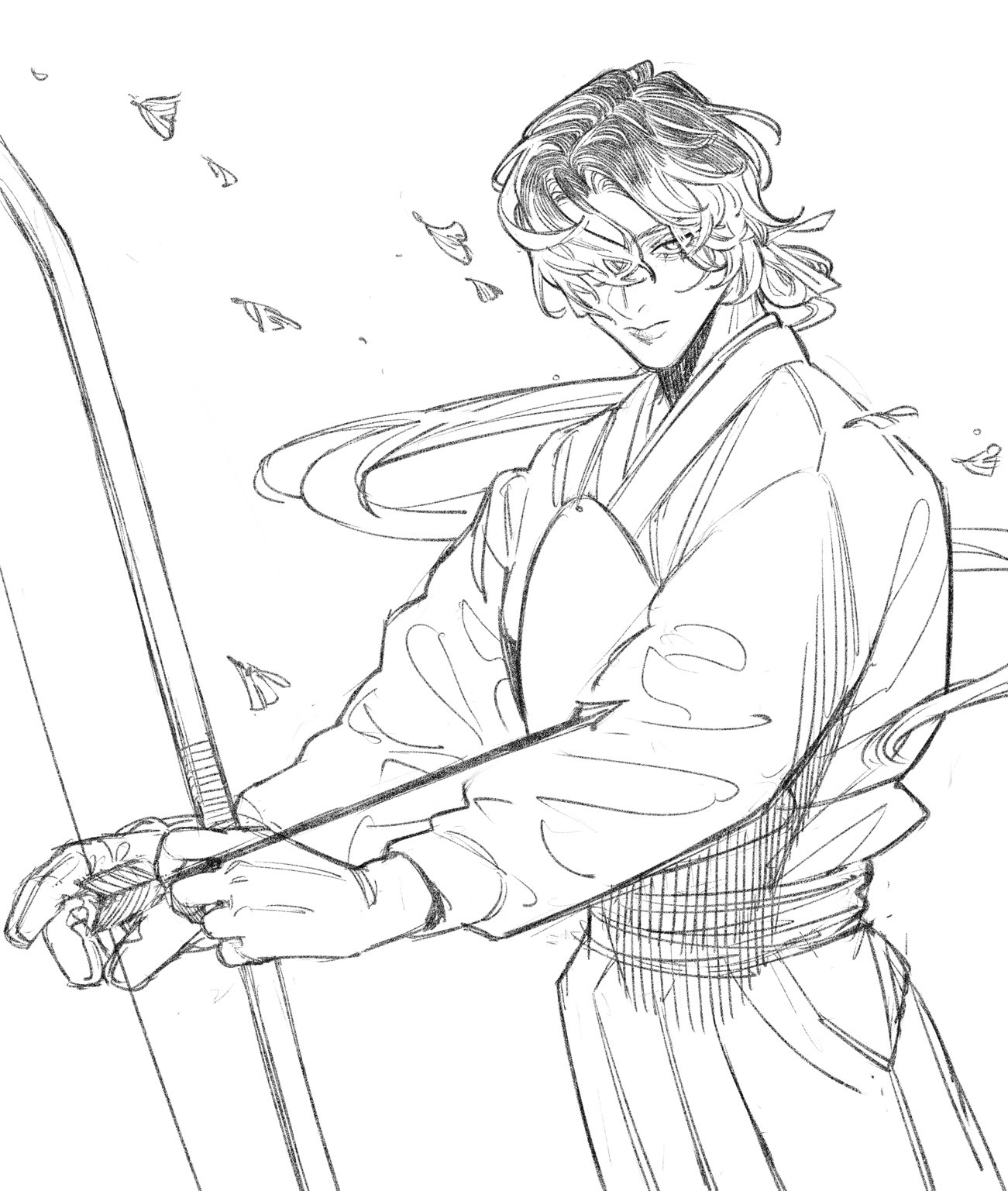 a sketch of an anime character holding a bow and arrow in a fighting stance. the character is a male with long hair and wearing a kimono. the drawing is in black and white. the character's face is drawn in detail and they are looking towards the viewer. the background is a white void.