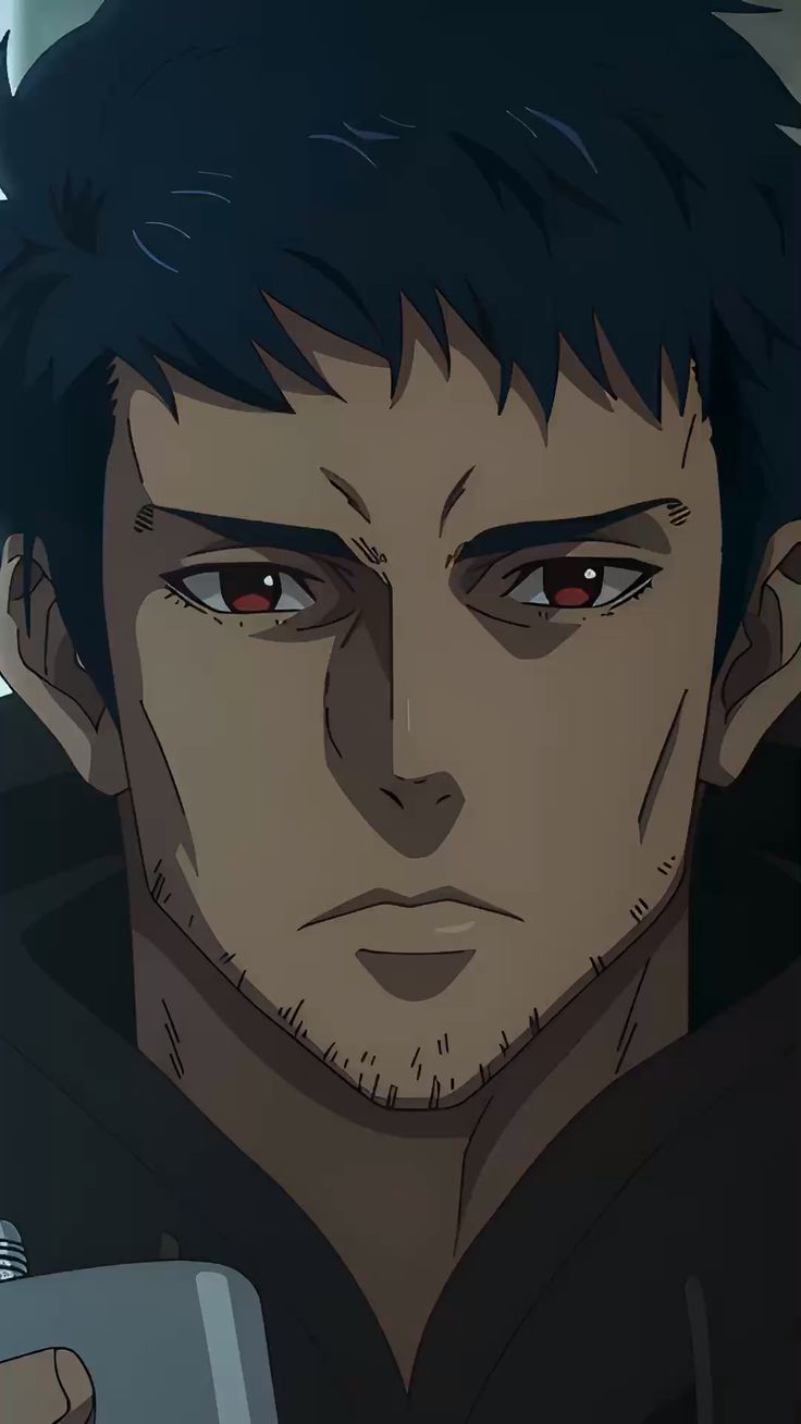 the image is a closeup portrait of a man from an anime or manga series. he has short, dark hair, intense red eyes, and a serious expression.  he has light stubble on his chin and jawline. the man is wearing a darkcolored hooded jacket. the background is dark and nondescript, focusing the attention on the man's face. the lighting is soft, creating subtle shadows that accentuate his features.