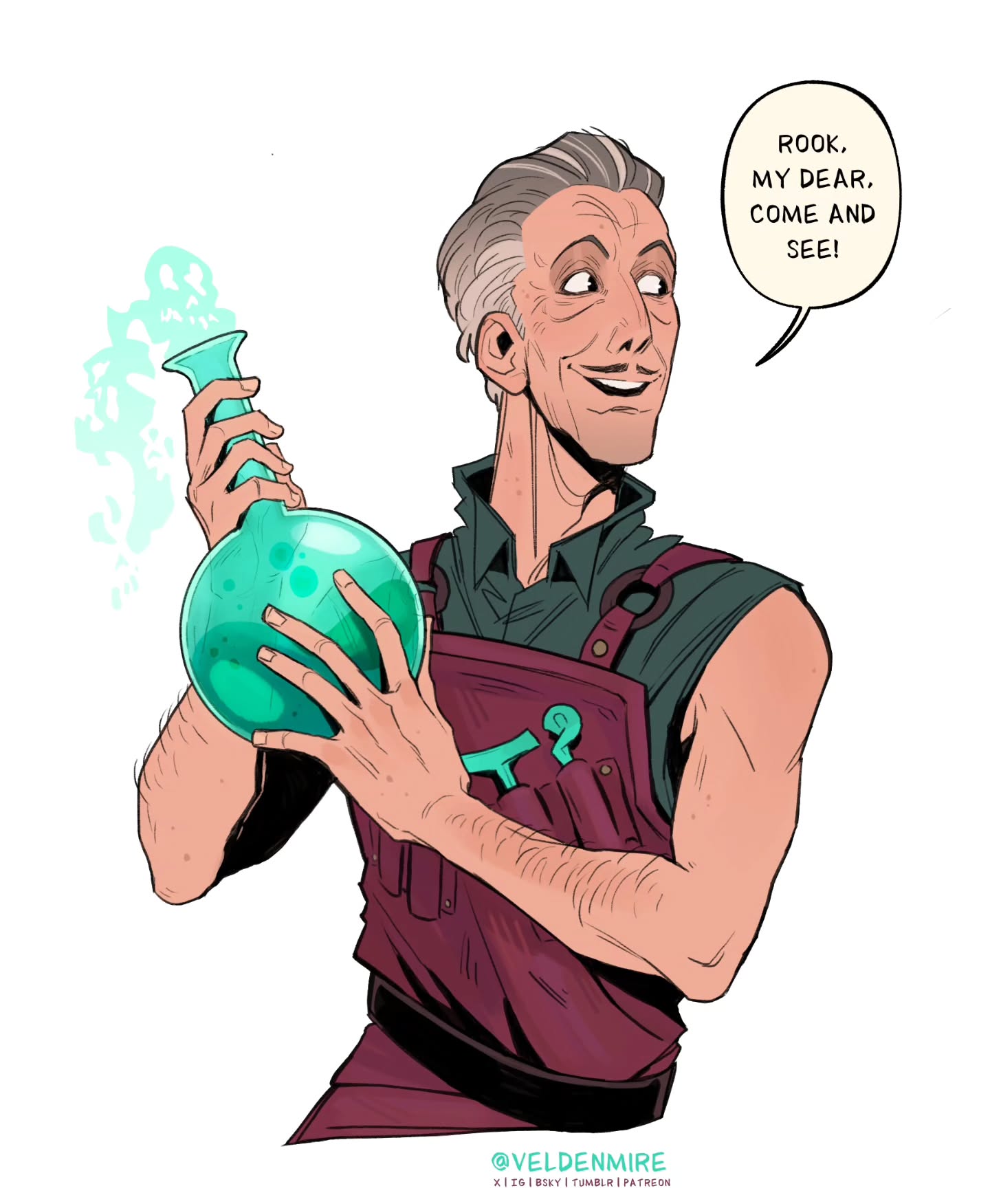 the image is a digital illustration of a whimsical older male character, possibly an alchemist or scientist. he's smiling and holding a round flask of bubbling, teal liquid. a speech bubble above his head reads "rook, my dear, come and see!"  he's dressed in maroon overalls and a dark green shirt. his style is cartoonish and expressive with a touch of fantasy elements. the art is signed "@veldenmire" with credits to tumblr and patreon accounts. the background is plain white.