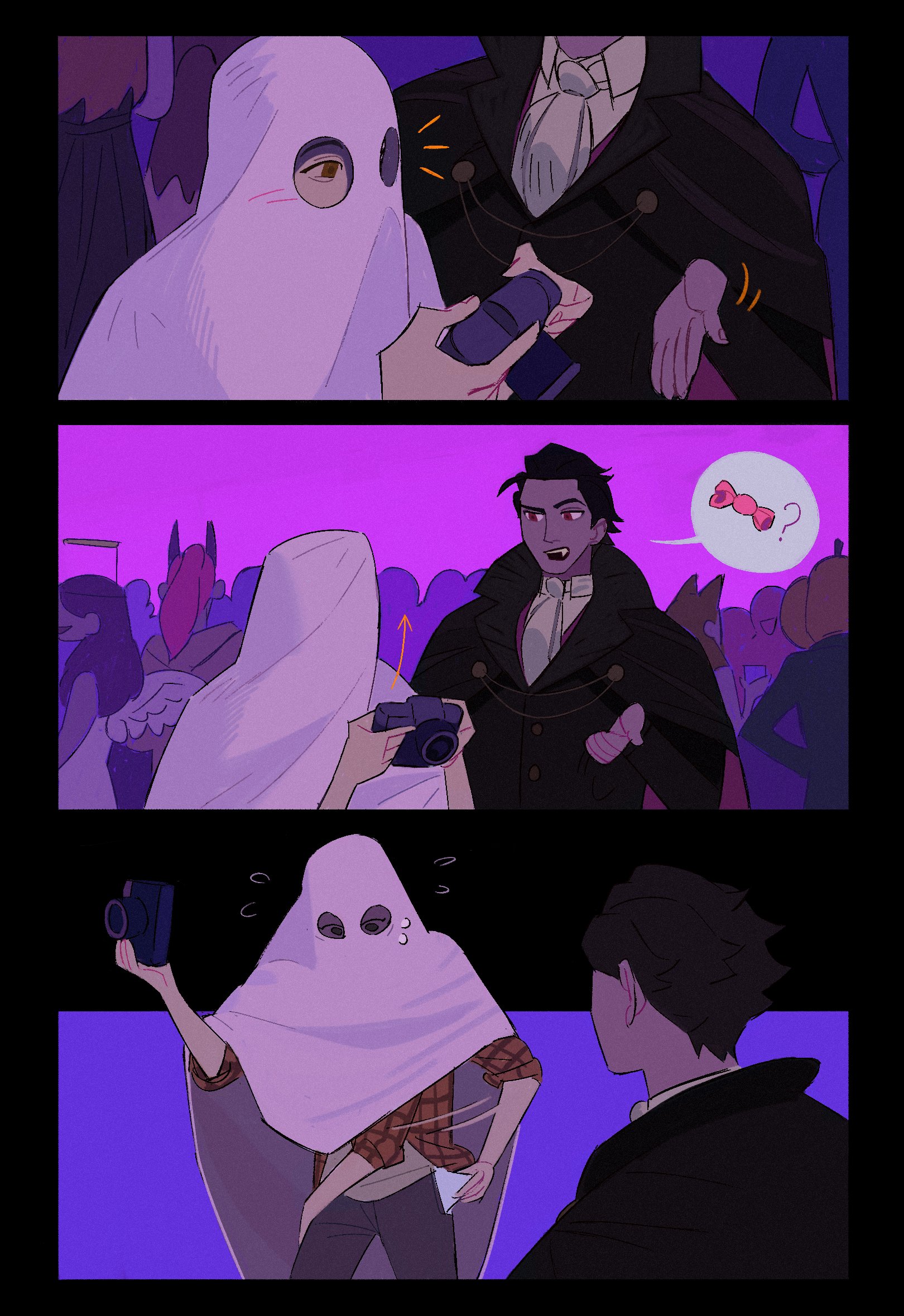 this comic strip shows a funny interaction between two friends at a halloween party. in the first panel, a vampire is asking a ghost to take a photo with him. in the second panel, the vampire is holding out a candy and suggesting a trick or treat exchange. in the last panel, the ghost is holding a camera and seems to be taking a photo of the vampire. it's a fun, lighthearted look at the holiday.
