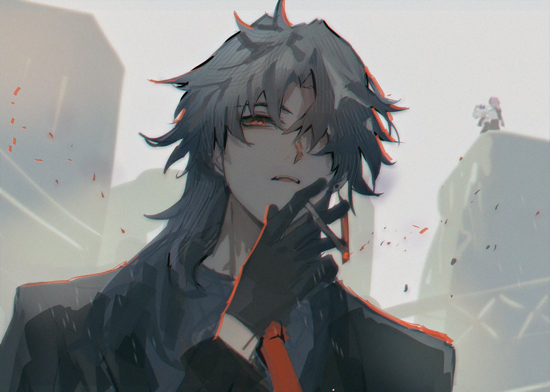 an anime character with long grey hair and red eyes is smoking a cigarette. he is wearing a black jacket and gloves, and the image is set against a grey city background. the character looks cool and edgy, with a hint of mystery. the image is welldrawn and has a unique style.