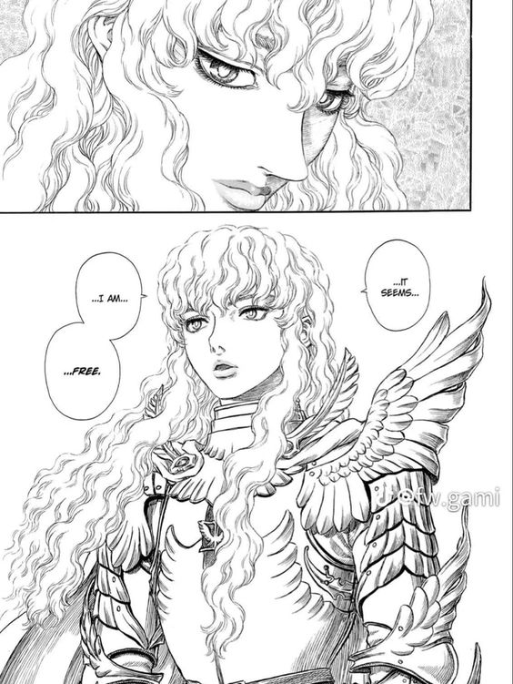 this is a black and white mangastyle illustration of a woman. she has long, flowing hair and is wearing armor with large, feathered wings attached. her expression is one of determination and power. the image suggests she is a warrior and potentially in a moment of realization or transformation.  the setting appears to be indoors.
