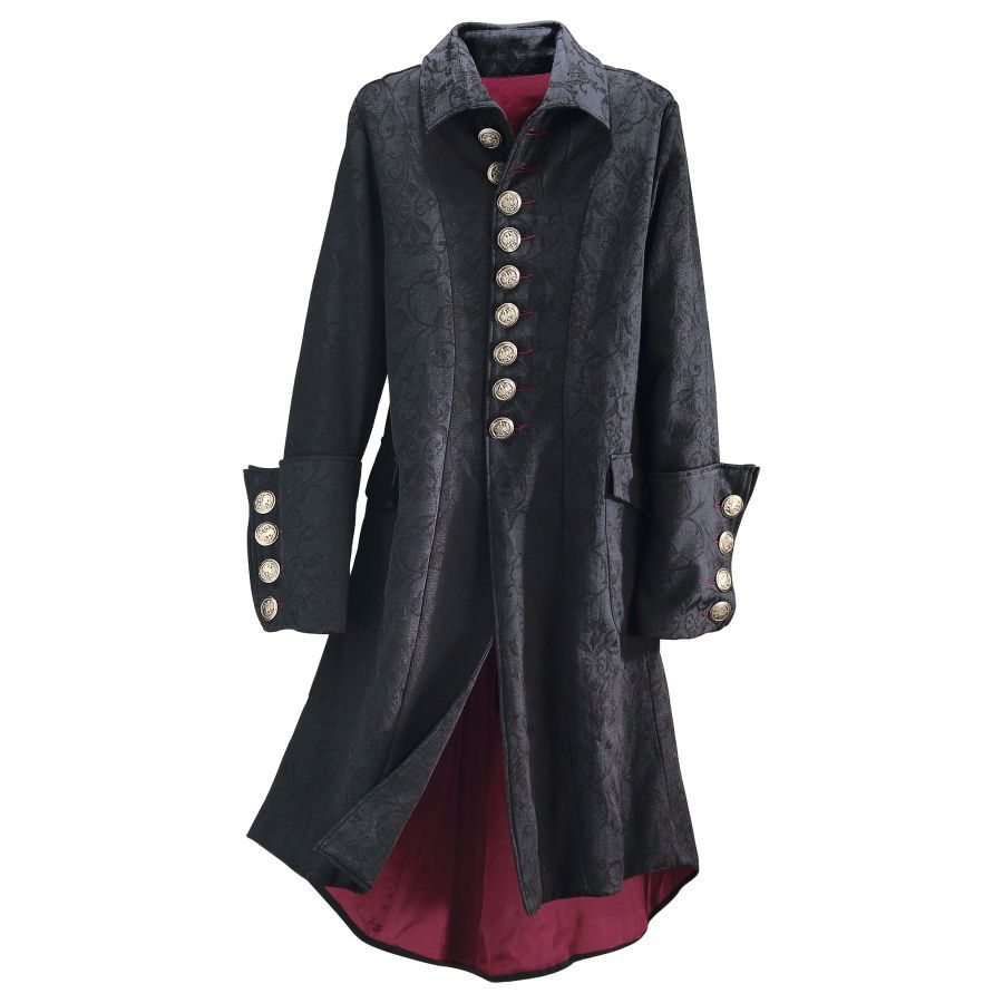 the image shows a black, patterned long coat or tailcoat with red lining, featuring multiple silver buttons, a lapel collar, and cuffed sleeves. it appears to be styled for gothic, steampunk, or victorianinspired fashion.