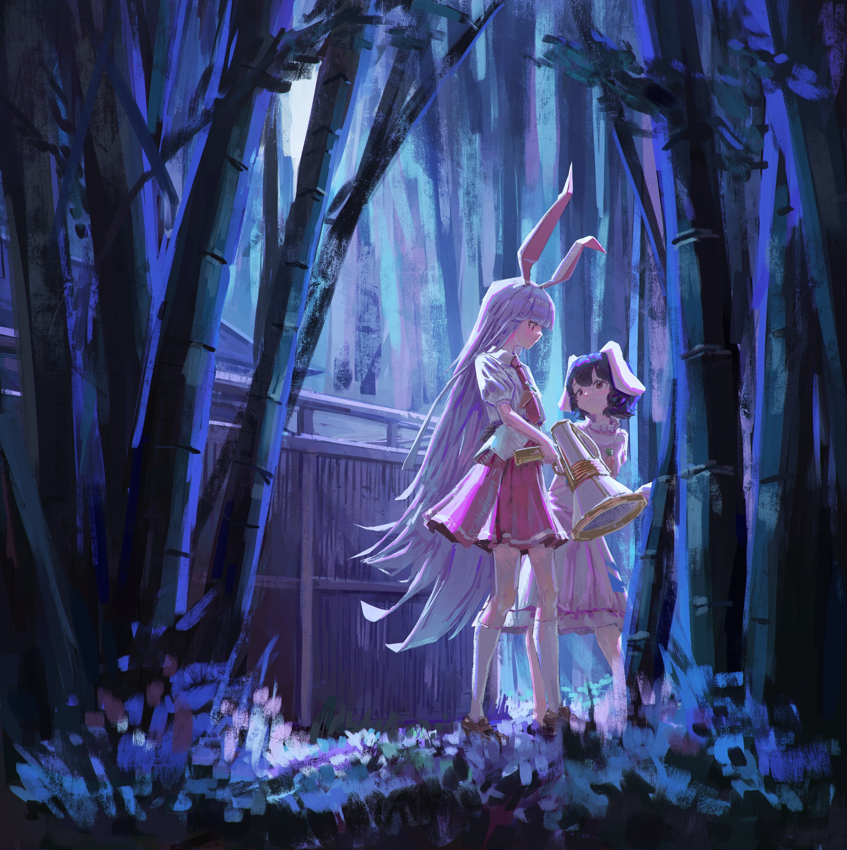 he image is a digital painting depicting two animestyle girls in a dark, magical forest. the taller girl has long white hair and rabbit ears, wearing a pink and white dress. the shorter girl has short dark hair and cat ears, wearing a lighter colored dress. they stand amidst a dense bamboo forest at night, bathed in purplish hues. the atmosphere is serene and mysterious, with a magical quality. the artwork is highly detailed and expressive, showing a blend of fantasy and ethereal elements. the girls seem to be engaged in a quiet moment, their interaction subtle yet captivating. the overall mood is peaceful and whimsical, blending elements of fantasy and everyday life.