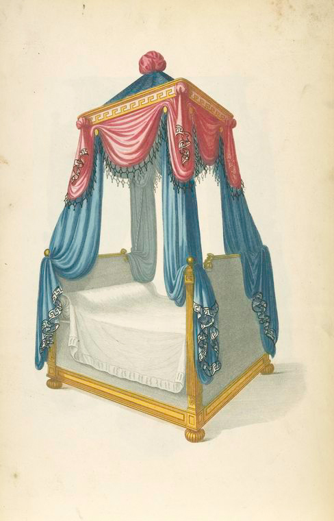 an illustration of a canopy bed with pink and blue draperies and a white bedspread. the frame is gold.