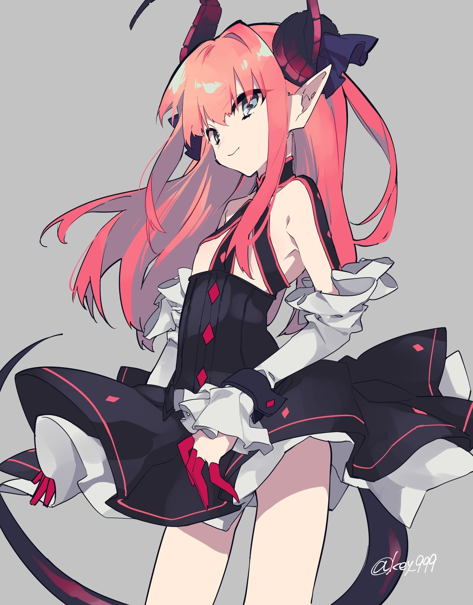 a digital drawing of an anime girl with pink hair, elf ears, and horns, wearing a black dress with red accents and frills. she is smiling and has a tail. the artwork is set against a gray background.