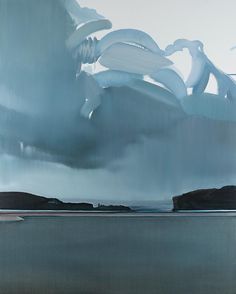 abstract painting featuring a blue and gray sky with clouds above a body of water and distant land masses on the horizon.