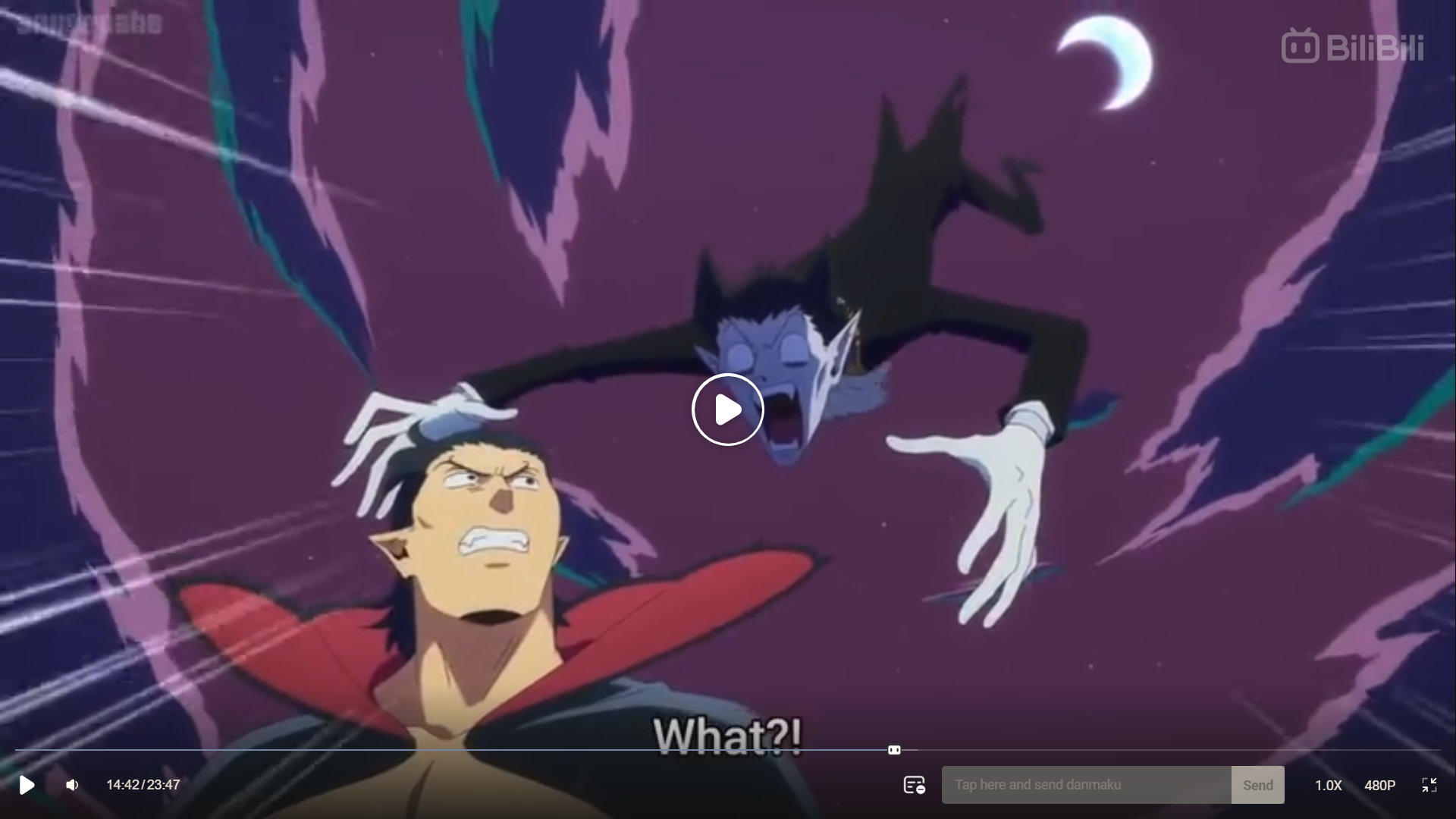 a screenshot of what appears to be anime. there are 2 characters in the image, one of whom is a paleskinned man with pointed ears and black hair in a tuxedolike outfit. he appears to be a vampire. the other character is a tanskinned, muscular man with black hair, a red mark on his forehead, a red and black collared shirt, and what appears to be grey pants. the background is dark purple and black with white lines streaking outwards from the center. there's a crescent moon in the upper right corner of the image. the subtitles read "what?!".