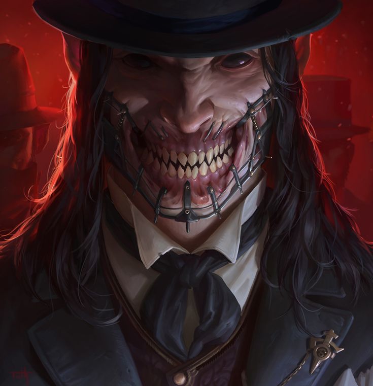 a closeup portrait of a vampirelike creature. the creature is wearing a black suit, a tie and a hat. it has a sinister smile, with sharp teeth and a metal contraption covering its mouth.  the creature is looking directly at the viewer, with a creepy expression on its face. the background is a dark red, suggesting blood or darkness. the image is darkly lit, and creates a sense of horror and fear.
