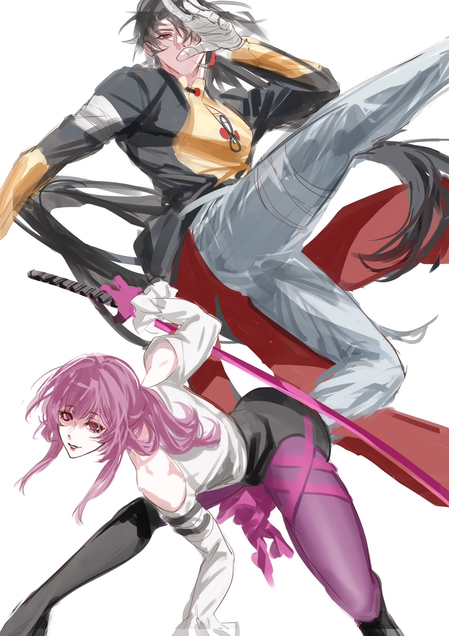 the illustration depicts two anime characters in a dynamic pose, engaged in a battle. the female character in the foreground, adorned with a pink and white outfit, wields a sword in her right hand, her pink hair flowing behind her. she leans forward, her eyes focused and determined. above her, a male character with long black hair, dressed in a black jacket, yellow shirt, and jeans, is performing a kick with his right leg. his left hand is raised, possibly clutching a weapon, while his expression is intense and focused. the background is a simple white canvas, highlighting the characters and their action. the overall impression is one of intense battle and power, with the two characters locked in a clash of strength and skill.