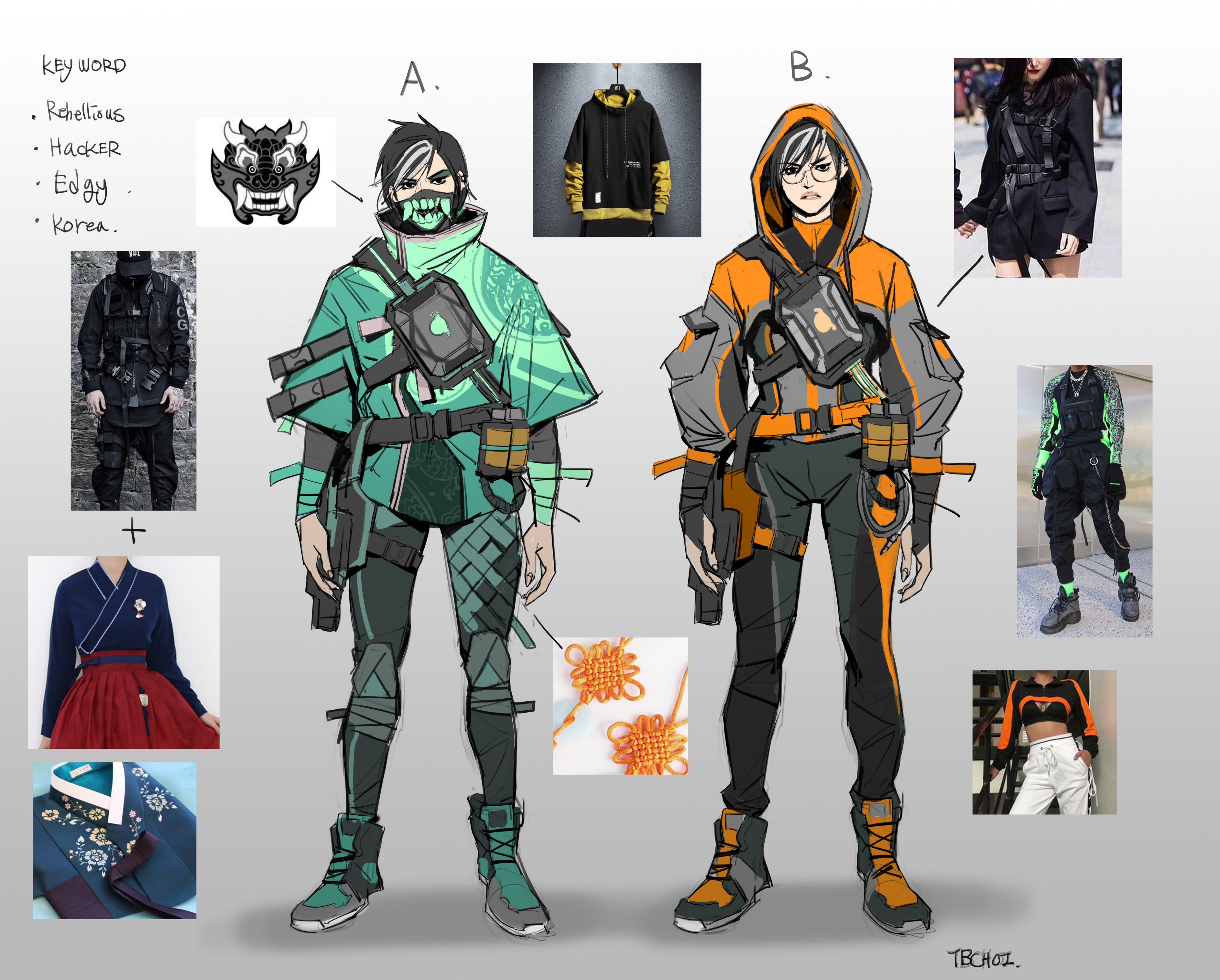 he image shows concept art for two character designs, labeled a and b.  both characters appear to be female and have a cyberpunk/streetwear aesthetic.  the art includes a mood board with reference images. these references consist of:  korean traditional hanbok clothing (both top and skirt variations),  streetwear outfits (including a hooded jacket, and tactical vests), and  a mask resembling an oni mask. the characters themselves incorporate elements from these references, with character a featuring teal and black clothing with hints of hanbokinspired elements, and character b sporting an orange and black ensemble. both characters are equipped with futuristic technological elements suggesting a hacker or operative role. the style is dynamic and detailed, typical of character design work for games or animation.  the bottom right corner shows a signature or watermark, "tbchoz".