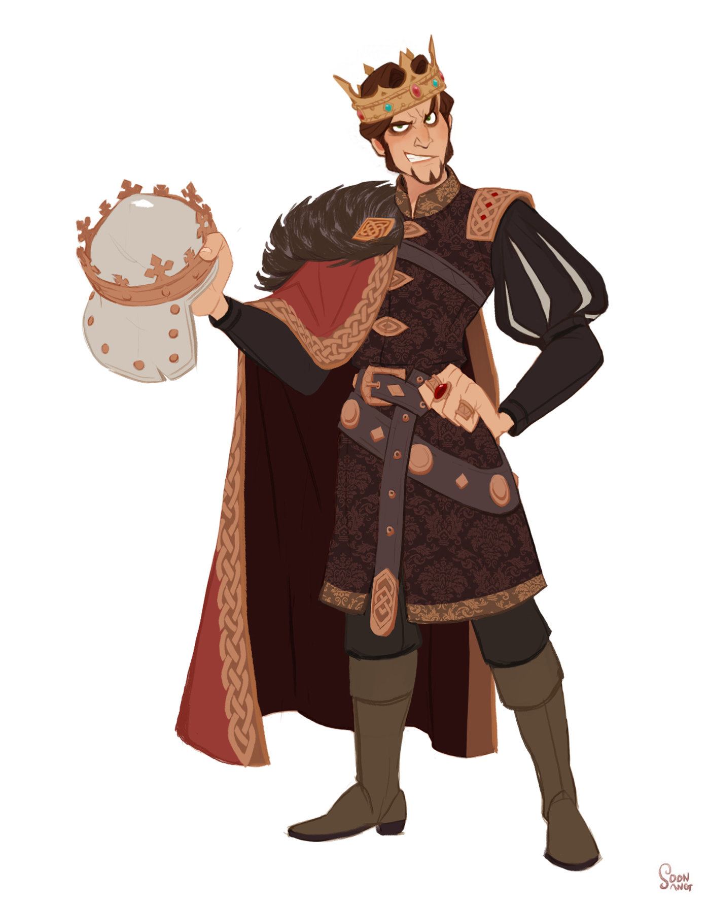 he image shows a cartoon drawing of a man dressed as a king. he's holding a crown in his left hand and has a sly smile on his face. he wears a crown on his head, a furlined cape, a decorated tunic, and kneehigh boots. his attire suggests a medieval or fantasy setting.  the background is plain white, and the lighting is soft and bright, illuminating the character from the front.