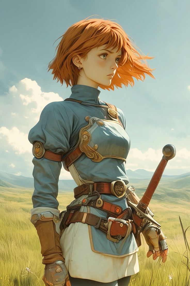 the image is a digital painting of a young animestyle female warrior standing in a grassy field. she has short, bright orange hair and wears a blue and gold fantasystyle armor with leather accents. a sword is sheathed on her hip. the background features a sunny sky with clouds and distant mountains, creating a peaceful yet adventurous atmosphere. the overall style suggests a blend of fantasy and action, hinting at a story or character from a game or anime. the art is highly detailed, focusing on the character's expression and the texture of her clothing and the landscape.