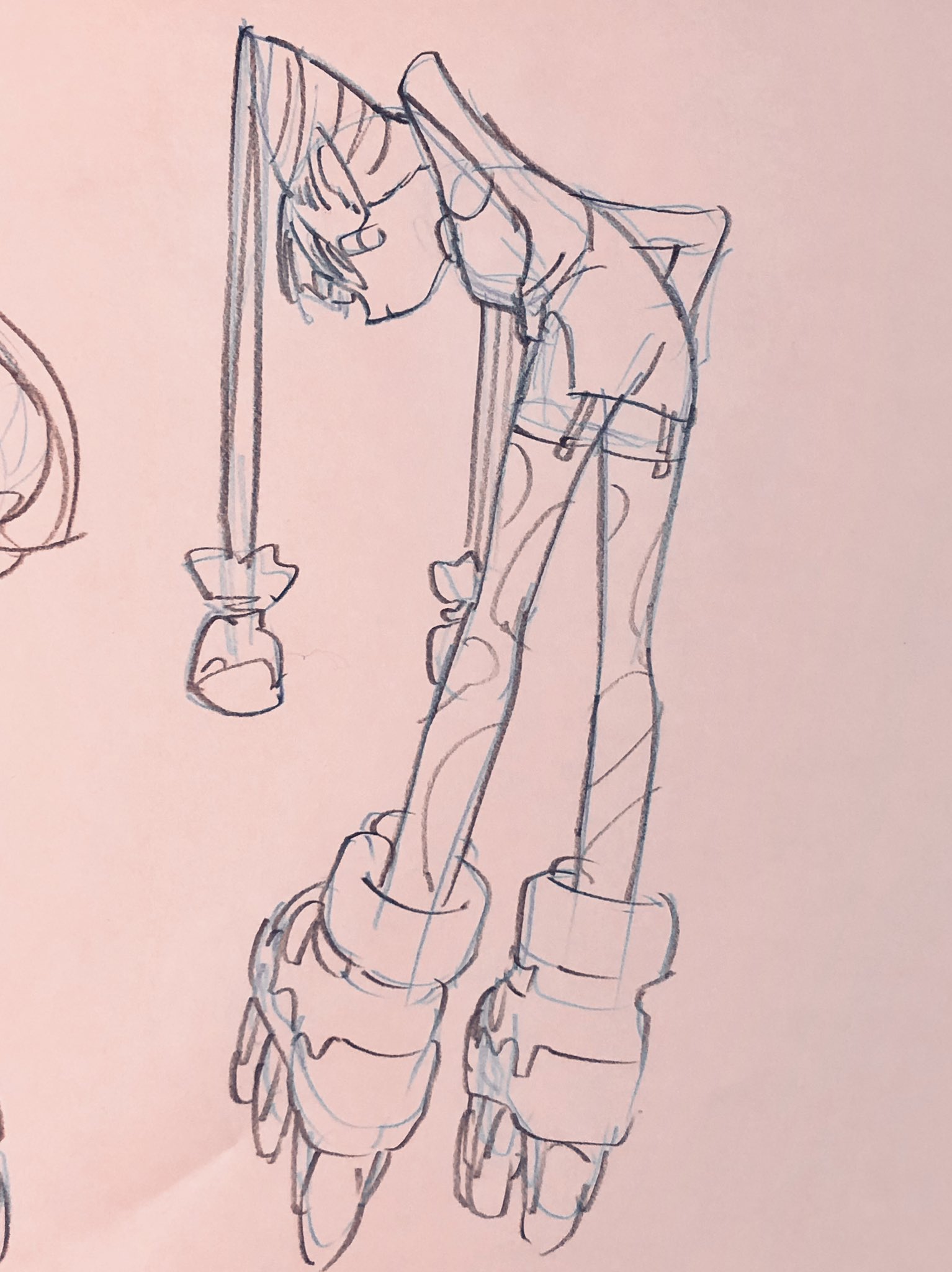 a stylized sketch of a person with exaggeratedly long limbs bending over. they are wearing shorts and roller skates. the sketch is drawn with blue pencil on pink paper.