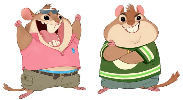 the image shows two animated chipmunk characters, chip and dale, side by side. chip, on the left, is wearing a pink shirt, khaki shorts, and sunglasses, and has his arms raised in excitement with a big smile and open mouth. dale, on the right, is wearing a green striped shirt and green shorts, with his arms crossed and a smile on his face. both characters are anthropomorphic rodents with large teeth.
