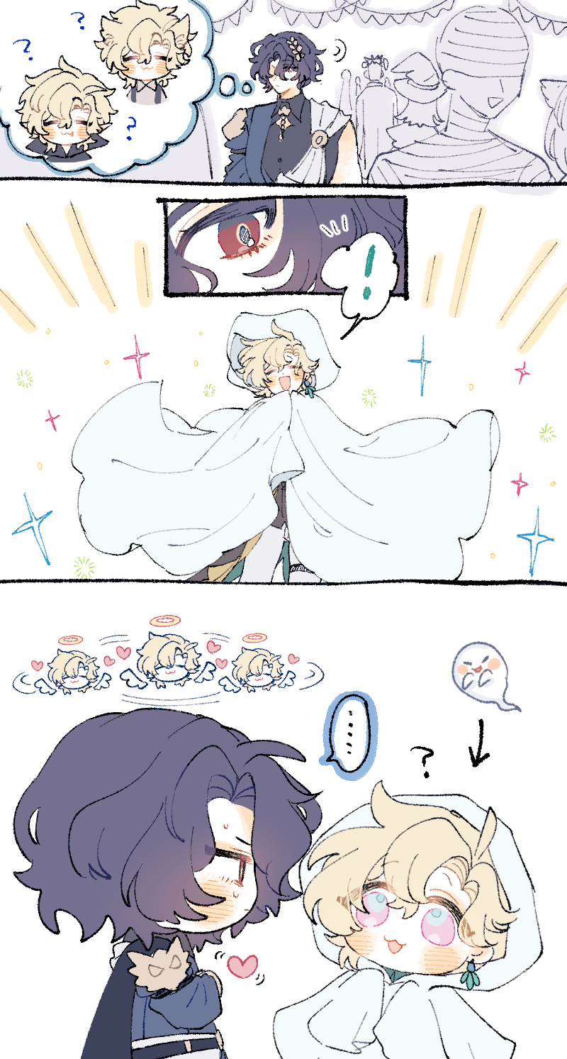 he image is a series of colorful cartoon panels depicting a lighthearted story. it features several characters, mostly young men with animelike features, and seems to center around a wedding or similar celebratory event. one character is dressed in a bridallike white cloak, and the style is cute and playful.
