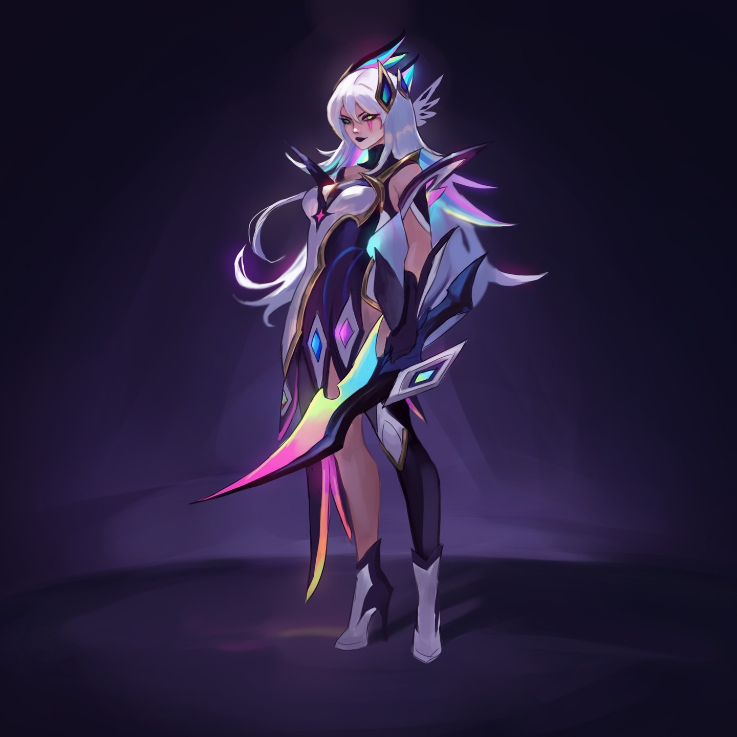 the image is a digital illustration of a female fantasy character, possibly from a video game, rendered in an animeinfluenced style.  she has long white hair and is clad in elaborate armor and a flowing robe featuring iridescent, neoncolored accents of purple, pink, blue, and green.  she holds a glowing, rainbowhued, bladelike weapon. the overall aesthetic is futuristic and fantasy combined, reminiscent of synthwave art styles. the background is dark purple, allowing the character’s vibrant colors to stand out. the character's expression is serious and determined.  the style and color palette suggest a connection to the video game league of legends, but this is not explicitly stated.