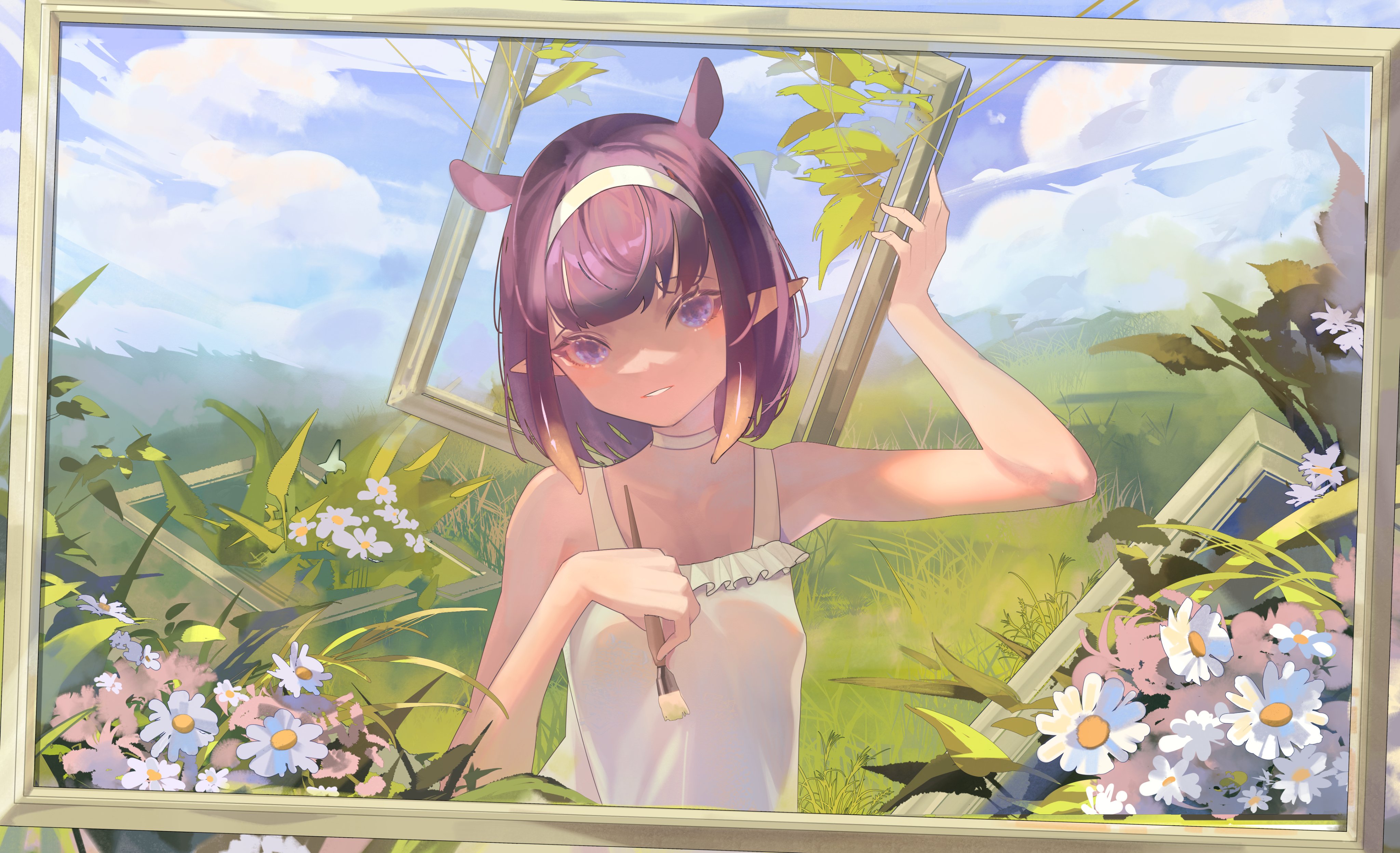 he image is a digital painting of a cute anime girl with purple hair and horns, who is standing in a field of daisies and holding a paintbrush.  she is surrounded by broken picture frames, creating a whimsical and dreamlike atmosphere. the overall style is pastel and soft, with a focus on light and color. the girl appears to be an artist, possibly painting the scene around her.  the background is a sunny, summer day with a clear sky and lush greenery.