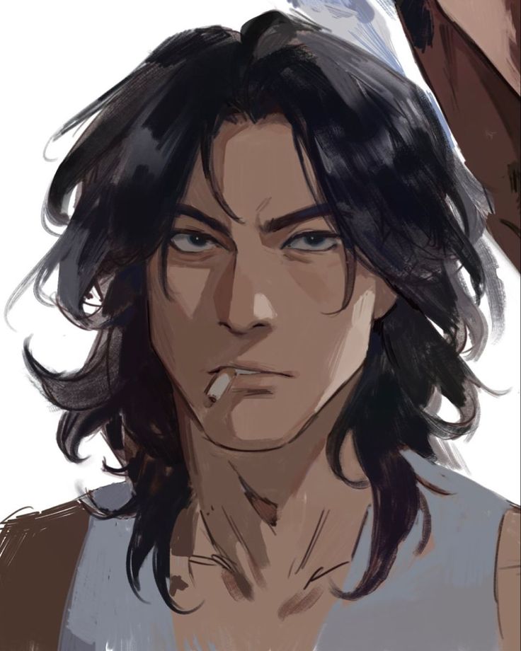 the image is a digital painting or illustration of a man's portrait. he is depicted from the chest up, with long, dark hair that frames his face. his expression is serious and intense, with a hint of brooding in his gaze. he has tan skin and is holding a cigarette between his lips. his attire is casual, a simple gray shirt. the art style blends anime influences with a more realistic approach to shading and texture, providing a detailed and expressive portrayal. the background is largely undefined, focusing attention solely on the subject.