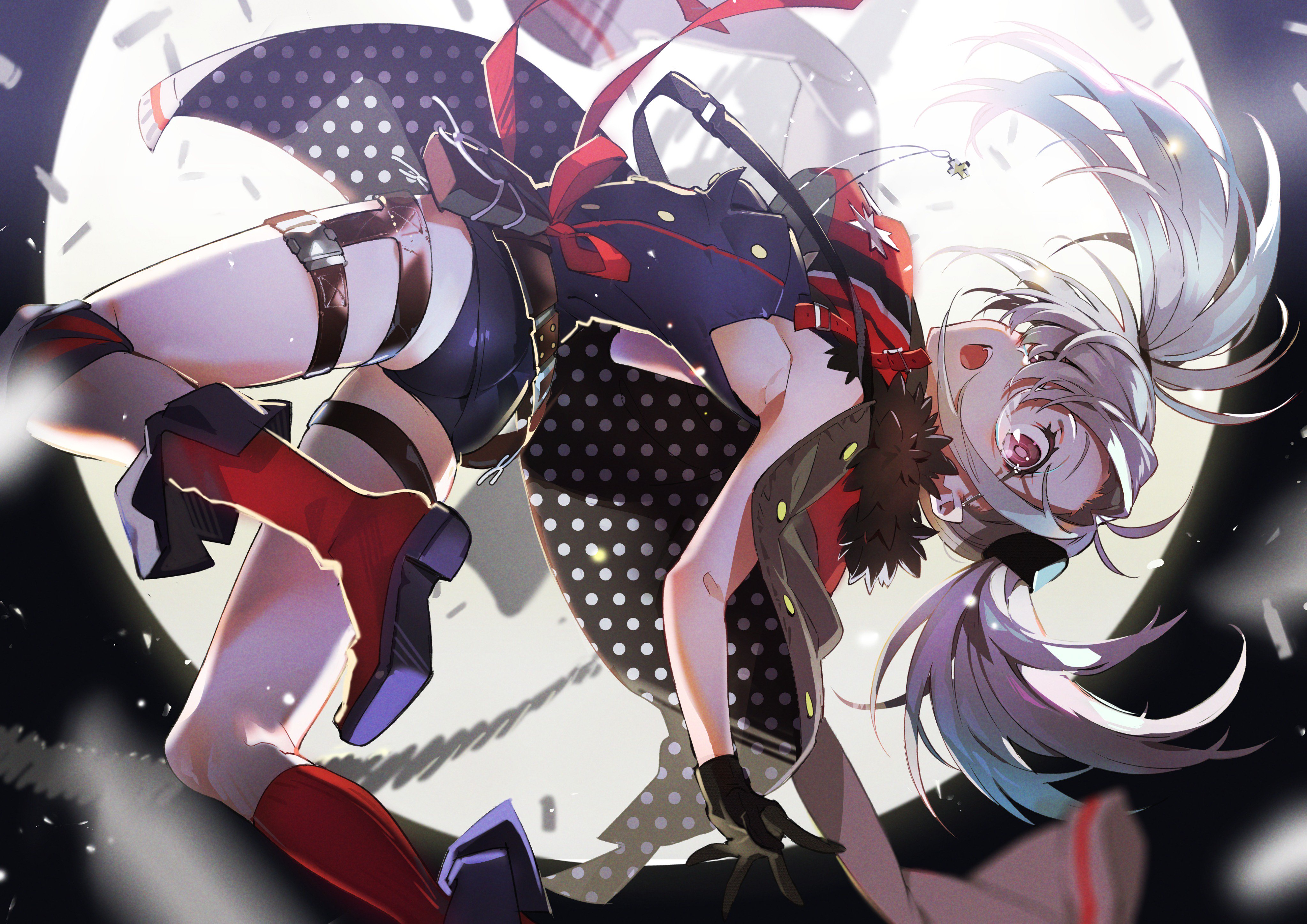 the image showcases a dynamic illustration of a young woman, drawn in a style reminiscent of anime or manga. she's clad in a striking outfit that combines elements of futuristic and urban fashion – a short black skirt paired with thighhigh socks, a jacket draped over her shoulders, and prominent accessories like a garter belt and gloves. her long, flowing hair is tied back in a high ponytail, and her eyes seemingly glow with an intense light. the backdrop features a stylized, almost abstract representation of a cityscape at night, with a large, luminous clock face dominating the background.  the overall composition is energetic and eyecatching, highlighting the character's movement and attitude.