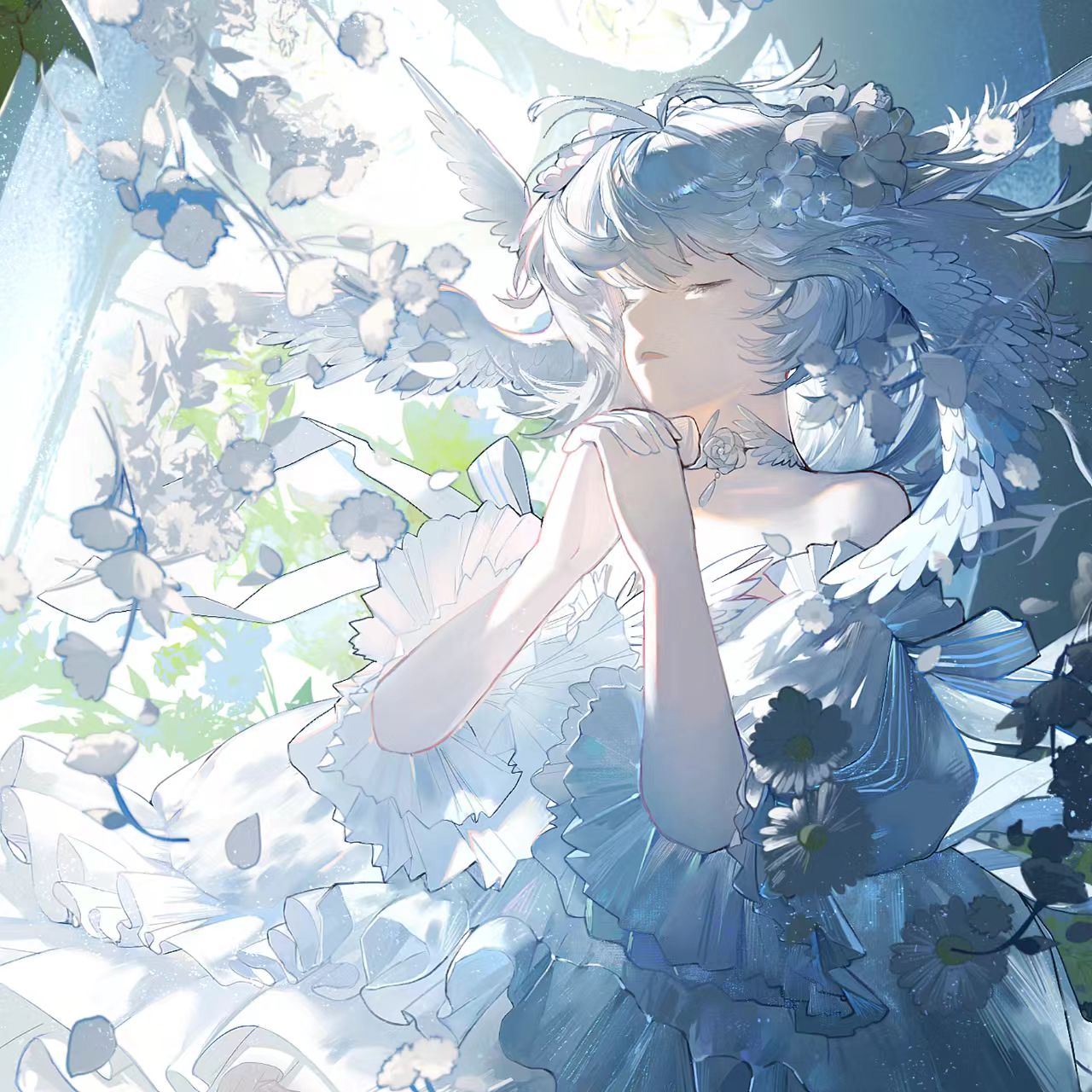 the image is a digital painting or illustration of a young animestyle girl. she has long, flowing white hair adorned with a floral crown, and is wearing a beautiful, flowing white dress with ruffled details.  she appears to be sleeping or dreaming peacefully, her hands clasped together in her lap.  large, soft, white wings resembling bird wings sprout from her back.  she's surrounded by a profusion of delicate white flowers and blossoms, creating a very ethereal and dreamy atmosphere. the overall style is soft, romantic, and pastelcolored, with a light and airy feel. the artwork is highly detailed and expertly rendered, emphasizing the soft textures of the clothing and hair.