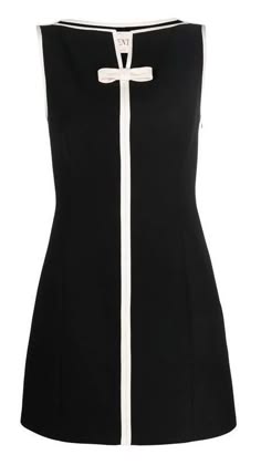 a black sleeveless dress with a white bow at the neckline and white trim around the neck and down the front. the dress is form fitting and the bow is centered in the front neckline.