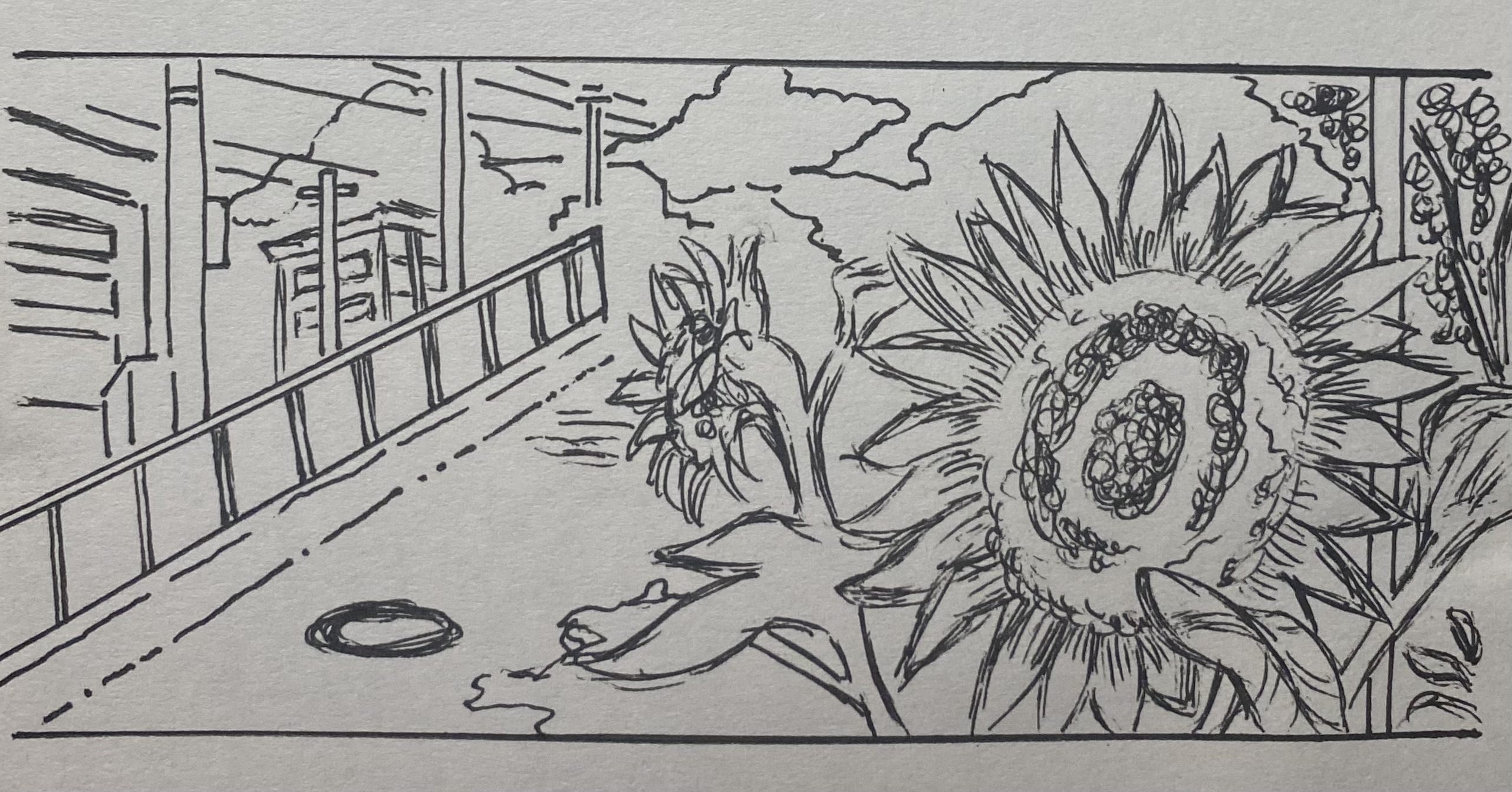 the image is a detailed black and white ink drawing or sketch. it depicts a contrast between an urban cityscape and a large sunflower in the foreground.  the city is rendered with buildings, a road, a railing of a bridge or overpass, and what appears to be a manhole cover on the ground. the sunflower, with its complex petals and central disc, dominates the right side of the picture. the style is expressive and textured, suggesting a possible pen and ink technique. the composition uses perspective to draw the viewer's eye from the city elements to the prominent sunflower, creating a visual juxtaposition between urban and natural elements.