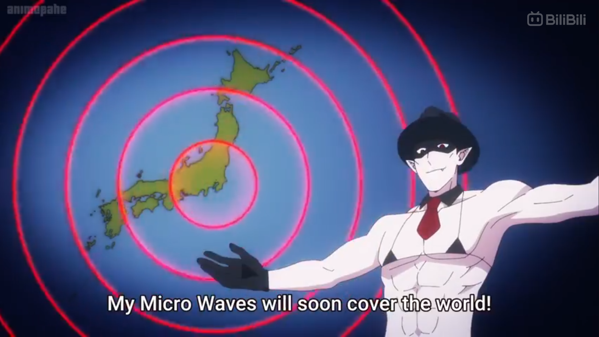 the image showcases a muscular, paleskinned man with a mischievous grin. he's clad in a black fedora, a red tie, and a black bikini bottom, striking a pose reminiscent of a flamboyant villain. behind him, a map of japan is engulfed in radiating red circles, possibly symbolizing microwaves, hinting at a plan for world domination. the overall aesthetic leans towards a humorous and absurd take on anime tropes.