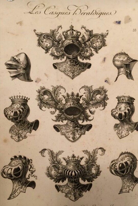 this is a vintage, sepiatoned illustration titled "les casques heraldiques" (heraldic helmets), likely from a book or manuscript. the illustration features nine detailed drawings of medieval helmets. these aren't simple helmets; they're adorned with ornate crests and decorative elements, highlighting the heraldic and symbolic nature of armor in that era. each helmet is presented in a slightly turned profile, showcasing its threedimensionality. the fine lines and shading of the drawing give the helmets a metallic texture, suggesting they are made of steel or another metal. the background is a creamy offwhite, which allows the intricate details of the helmets and their embellishments to stand out.  the overall aesthetic evokes a sense of history and craftsmanship.