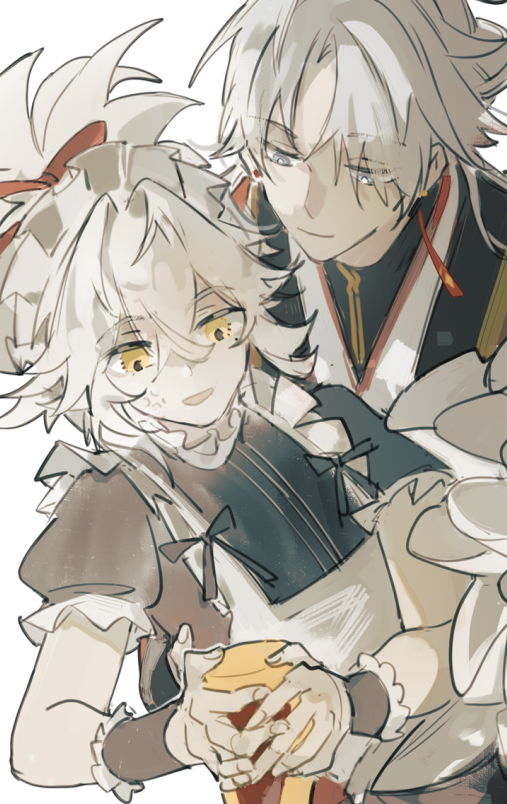 this is a digital illustration of two anime characters. the characters are a young man with white hair and a young woman with black hair. the woman is wearing a maid outfit and is holding something in her hands. the man is smiling and has his arm around the woman. the drawing is done in a colorful and detailed style. the couple appears to be in a romantic and happy situation.